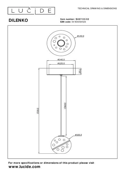 Lucide DILENKO - Lámpara colgante - Ø 14 cm - LED - 1x4,2W 2700K - Oro mate / Latón - técnico